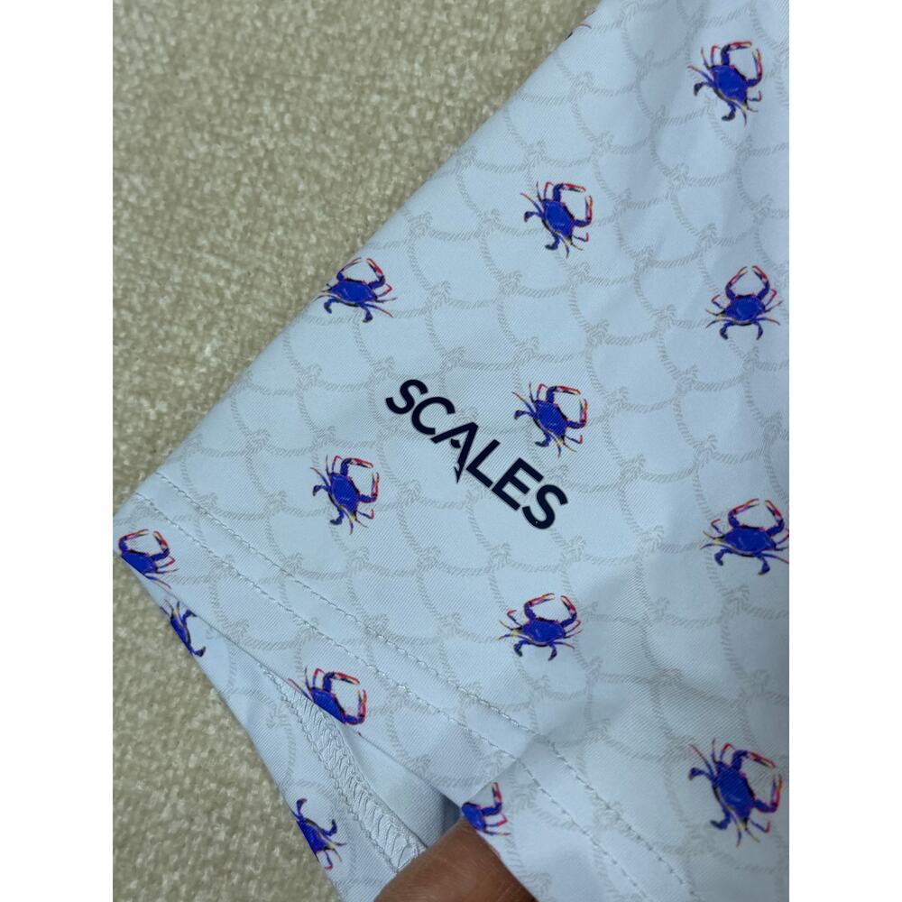 Scales Men L White Blue Crab Print Short Sleeve Polo Athletic Golf Shirt Casual - Picture 9 of 10